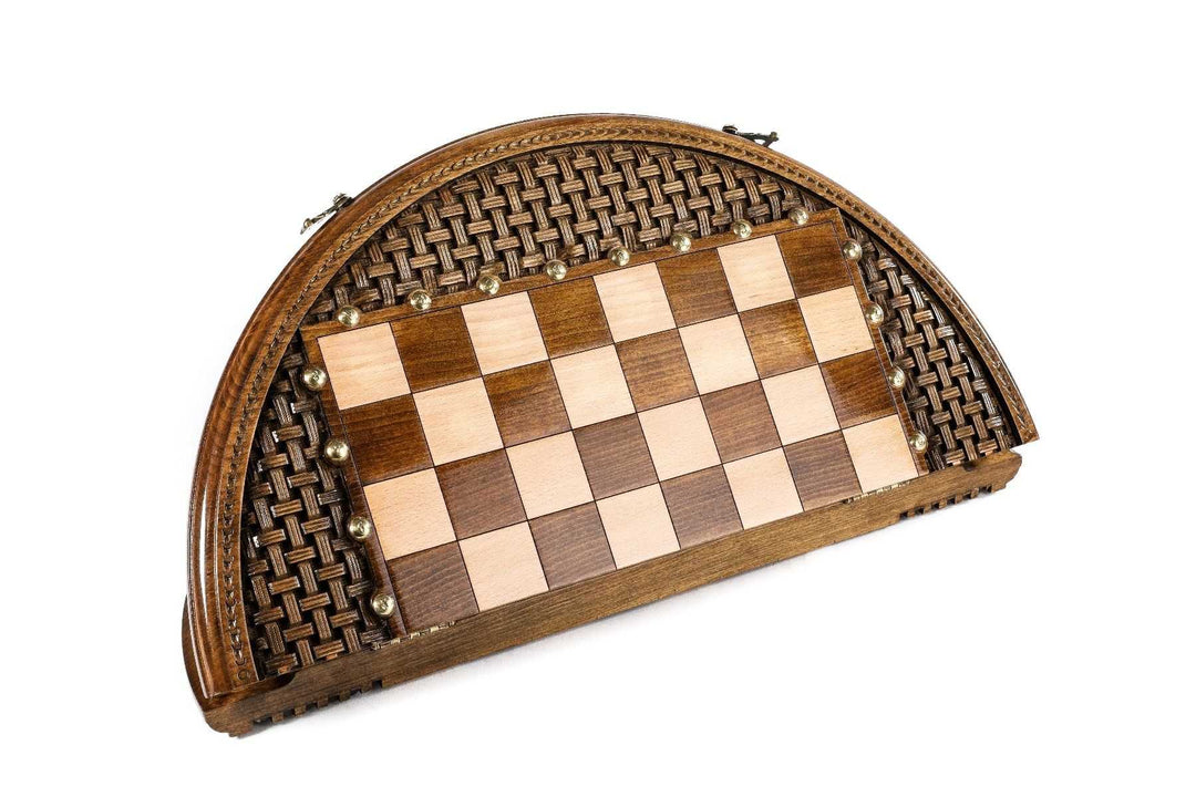 Circular Wooden Chess Set with Handmade Weave Pattern
