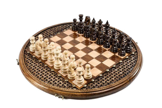Circular Wooden Chess Set with Handmade Weave Pattern