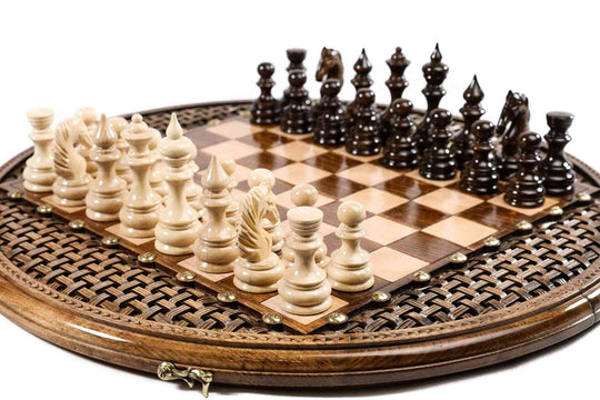 Circular Wooden Chess Set with Handmade Weave Pattern