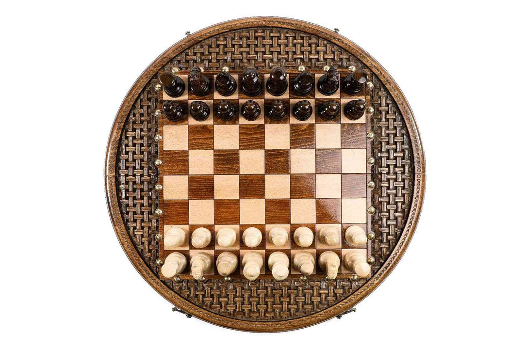 Circular Wooden Chess Set with Handmade Weave Pattern
