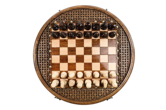 Circular Wooden Chess Set with Handmade Weave Pattern