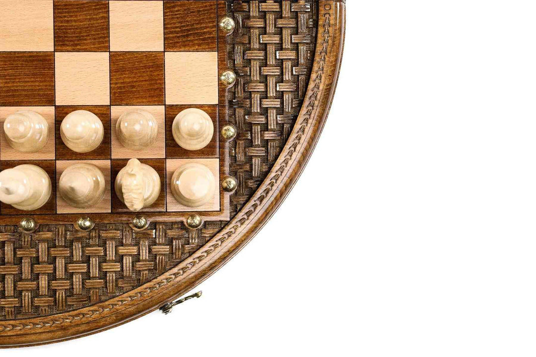 Circular Wooden Chess Set with Handmade Weave Pattern