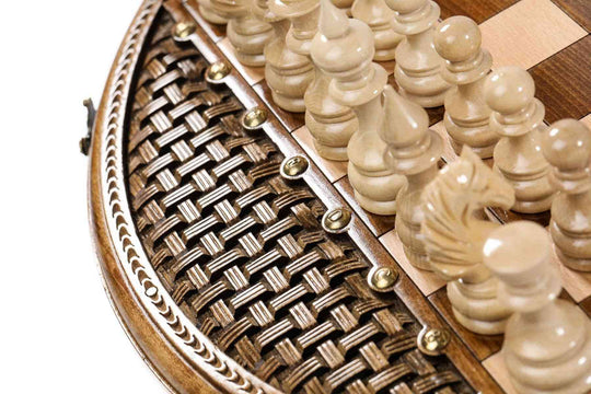 Circular Wooden Chess Set with Handmade Weave Pattern