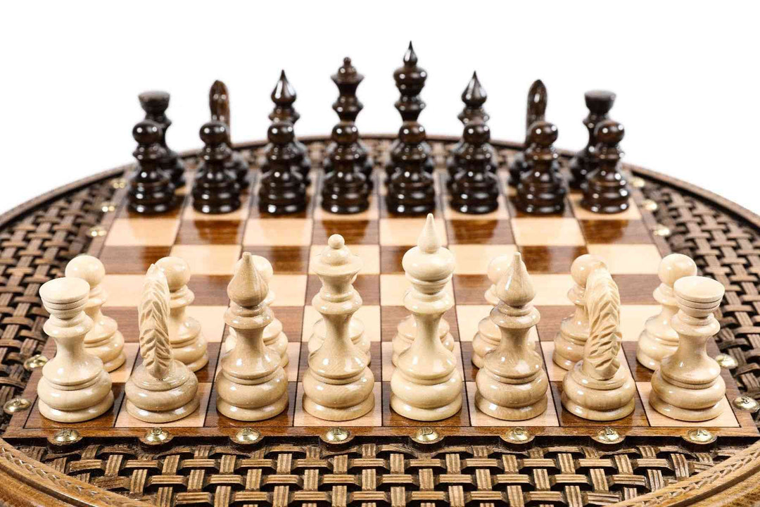 Circular Wooden Chess Set with Handmade Weave Pattern