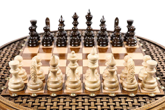 Circular Wooden Chess Set with Handmade Weave Pattern
