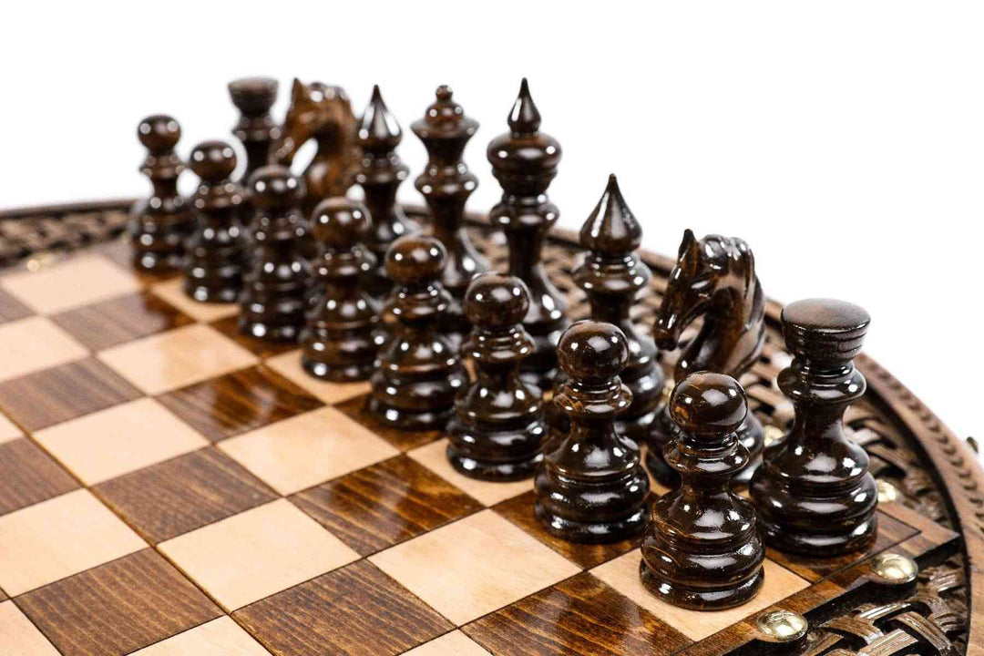 Circular Wooden Chess Set with Handmade Weave Pattern