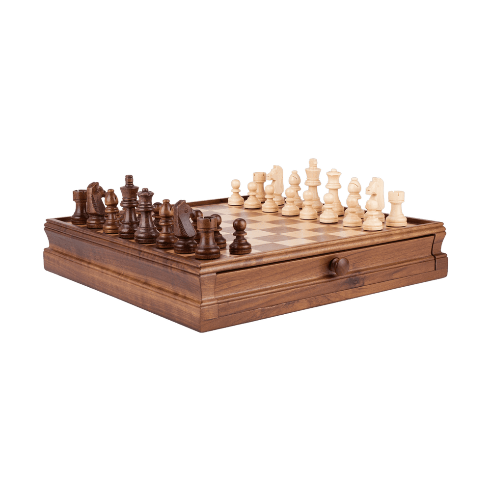 Antique Wooden Chess Set with 1 Built-In Drawer - Chess District
