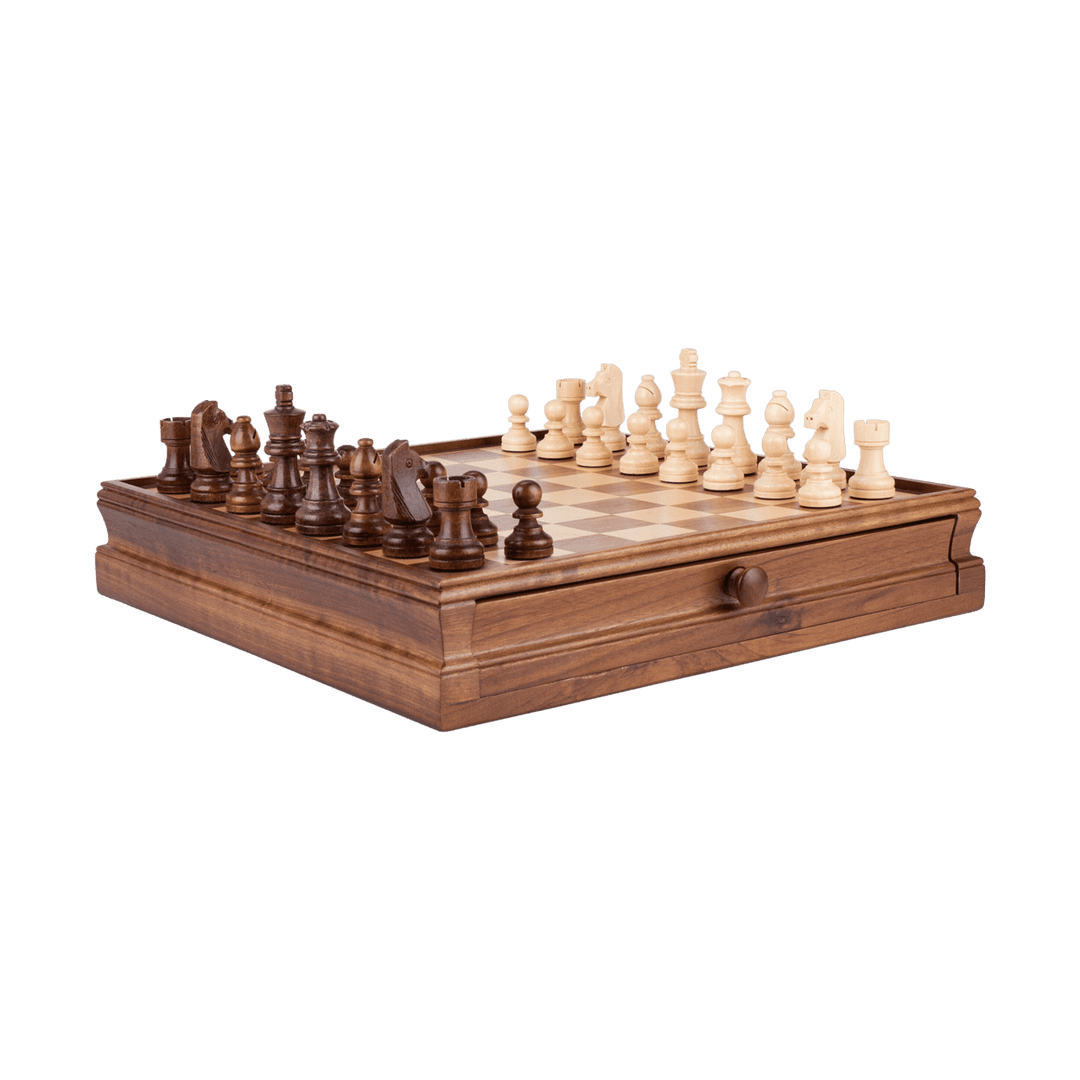 Antique Wooden Chess Set with 1 Built-In Drawer - Chess District