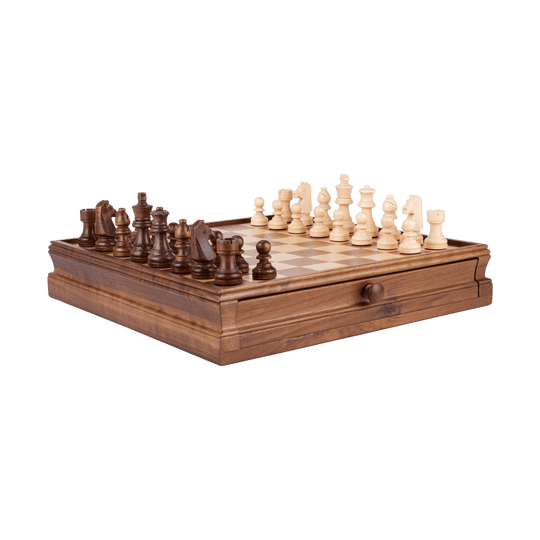 Antique Wooden Chess Set with 1 Built-In Drawer - Chess District