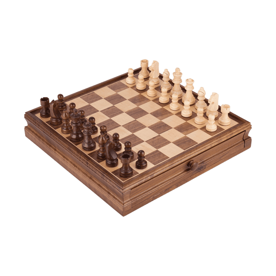 Antique Wooden Chess Set with 1 Built-In Drawer - Chess District