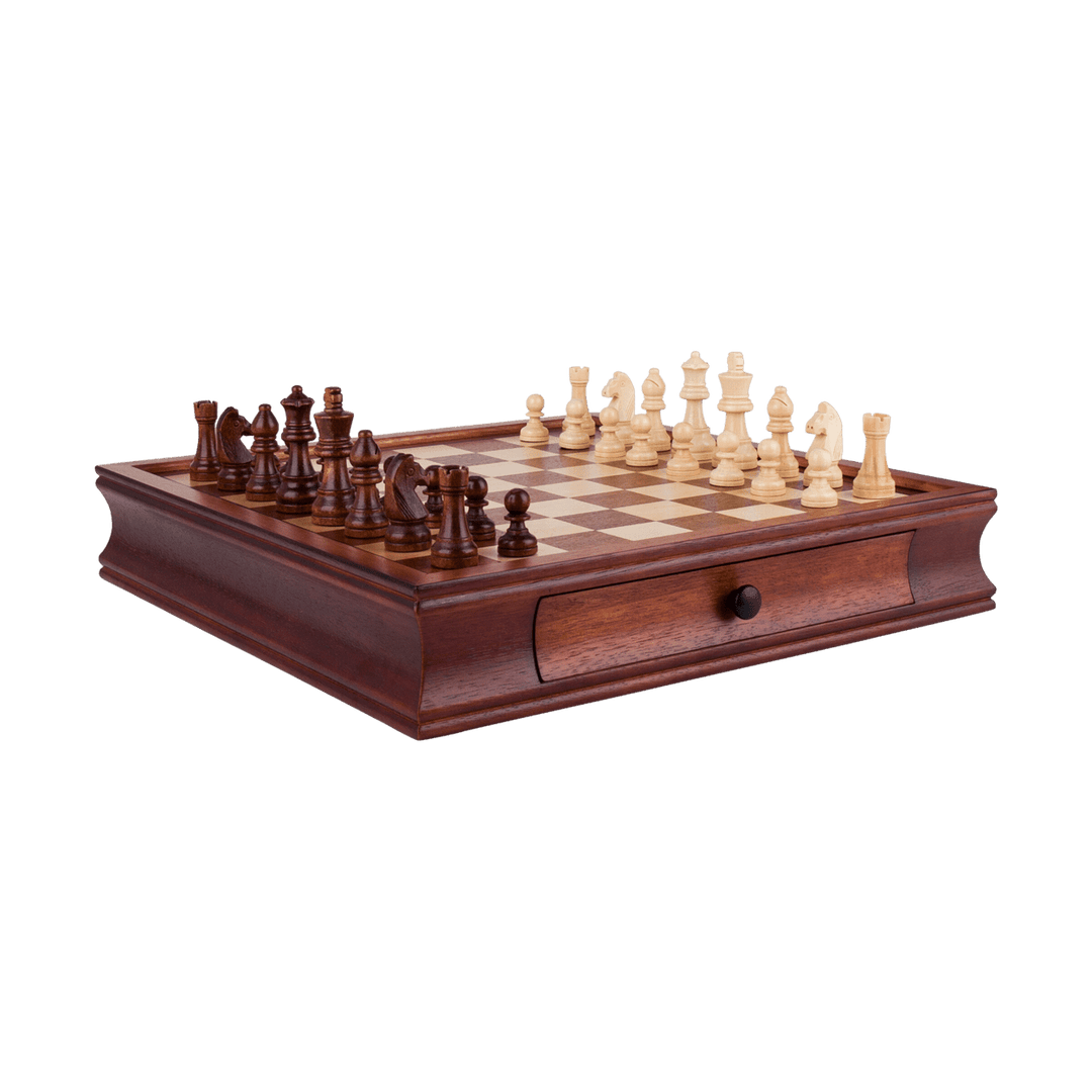 Antique Wooden Chess Set with 2 Built-In Drawers - Chess District