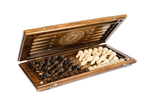 Wooden Chess-backgammon Set with Eternity Pattern and Bronze Elements - Chess District