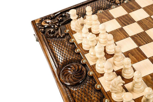 Wooden Chess-backgammon Set with Eternity Pattern and Bronze Elements - Chess District