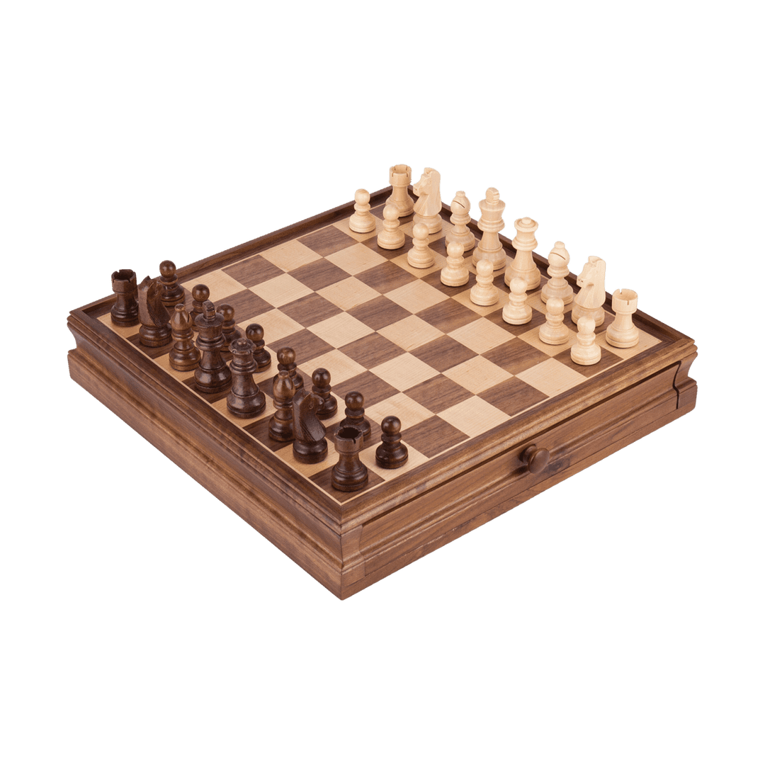 Antique Wooden Chess Set with 1 Built-In Drawer - Chess District